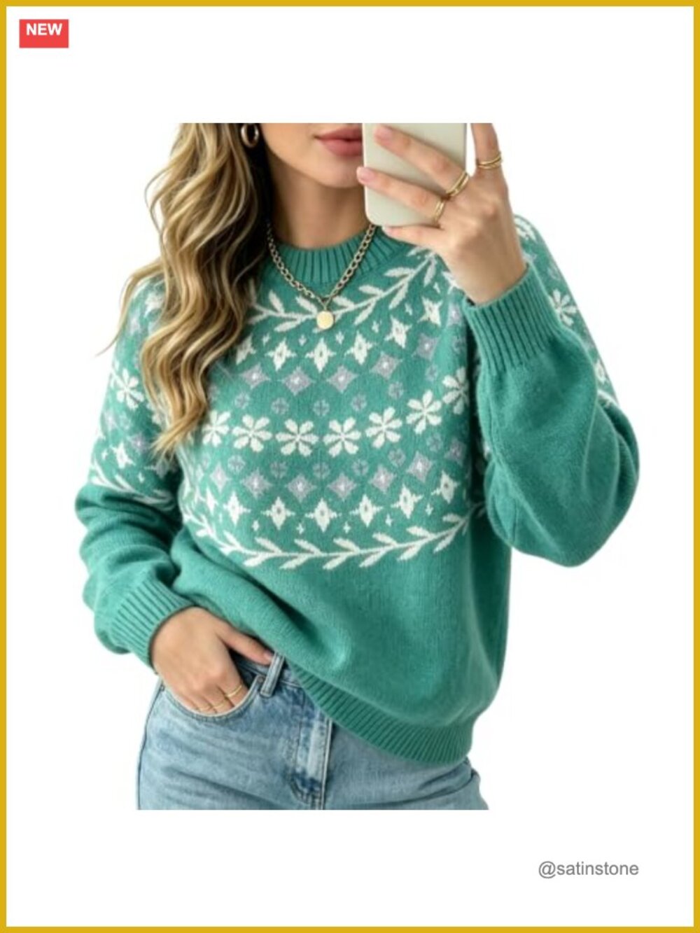 Womens Long Sleeve Fair Isle Pullover Sweater Chunky Warm Mock Neck Knit Top